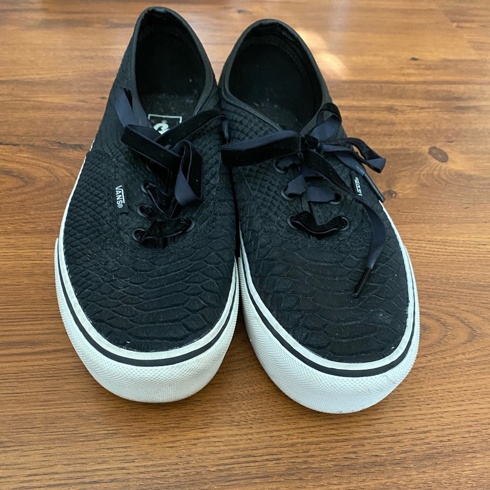 Vans Black Crocodile Print Textured Platform Sneakers with White Sole